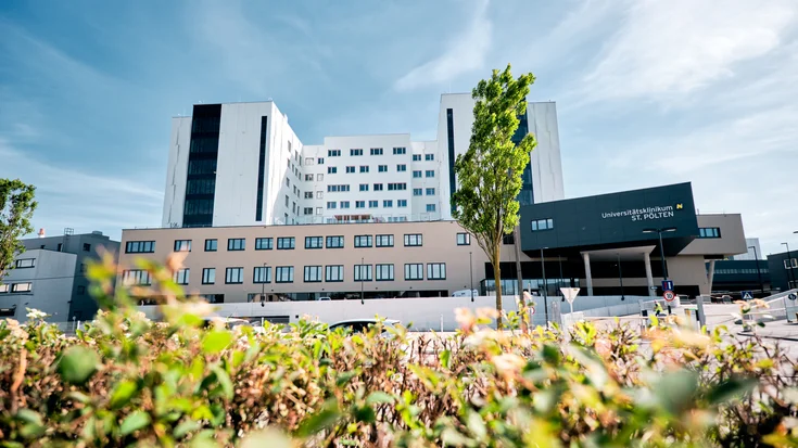 Modernes mehrstöckiges Krankenhausgebäude mit hellem Fassadenmix aus Weiß und Beige sowie einem dunklen Eingangsbereich mit Beschriftung. Im Vordergrund befinden sich unscharfe Pflanzen, dahinter führt eine Zufahrt zum Haupteingang, während der Himmel blau mit leichten Wolken ist.