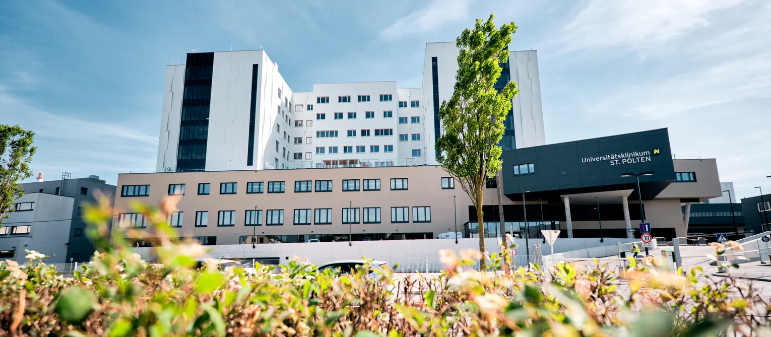 Modernes mehrstöckiges Krankenhausgebäude mit hellem Fassadenmix aus Weiß und Beige sowie einem dunklen Eingangsbereich mit Beschriftung. Im Vordergrund befinden sich unscharfe Pflanzen, dahinter führt eine Zufahrt zum Haupteingang, während der Himmel blau mit leichten Wolken ist.