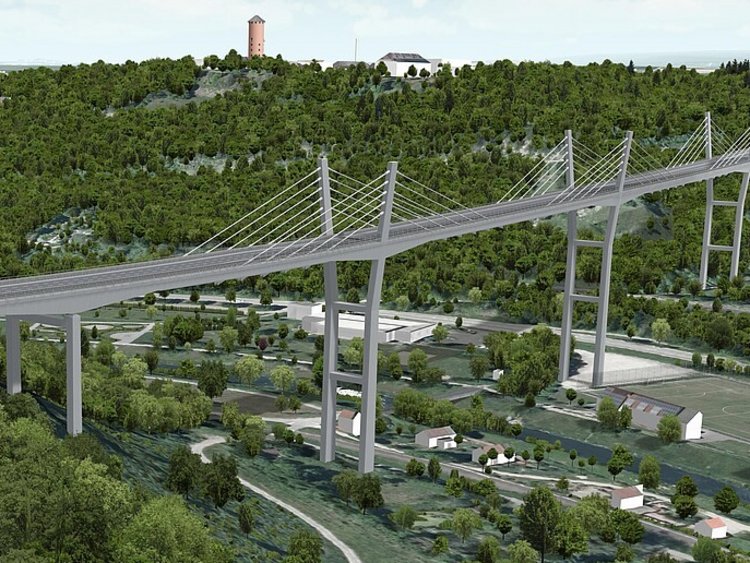 Visualisation. Bird's eye view of the bridge, the road connects two hills overgrown with a forest across a valley. In the valley there is a river lined with trees as well as other green areas, a railway line and a road. The bridge rests on three large grey pillars in the valley. The piers extend beyond the carriageway and each has 5 stay cables in 2 directions.