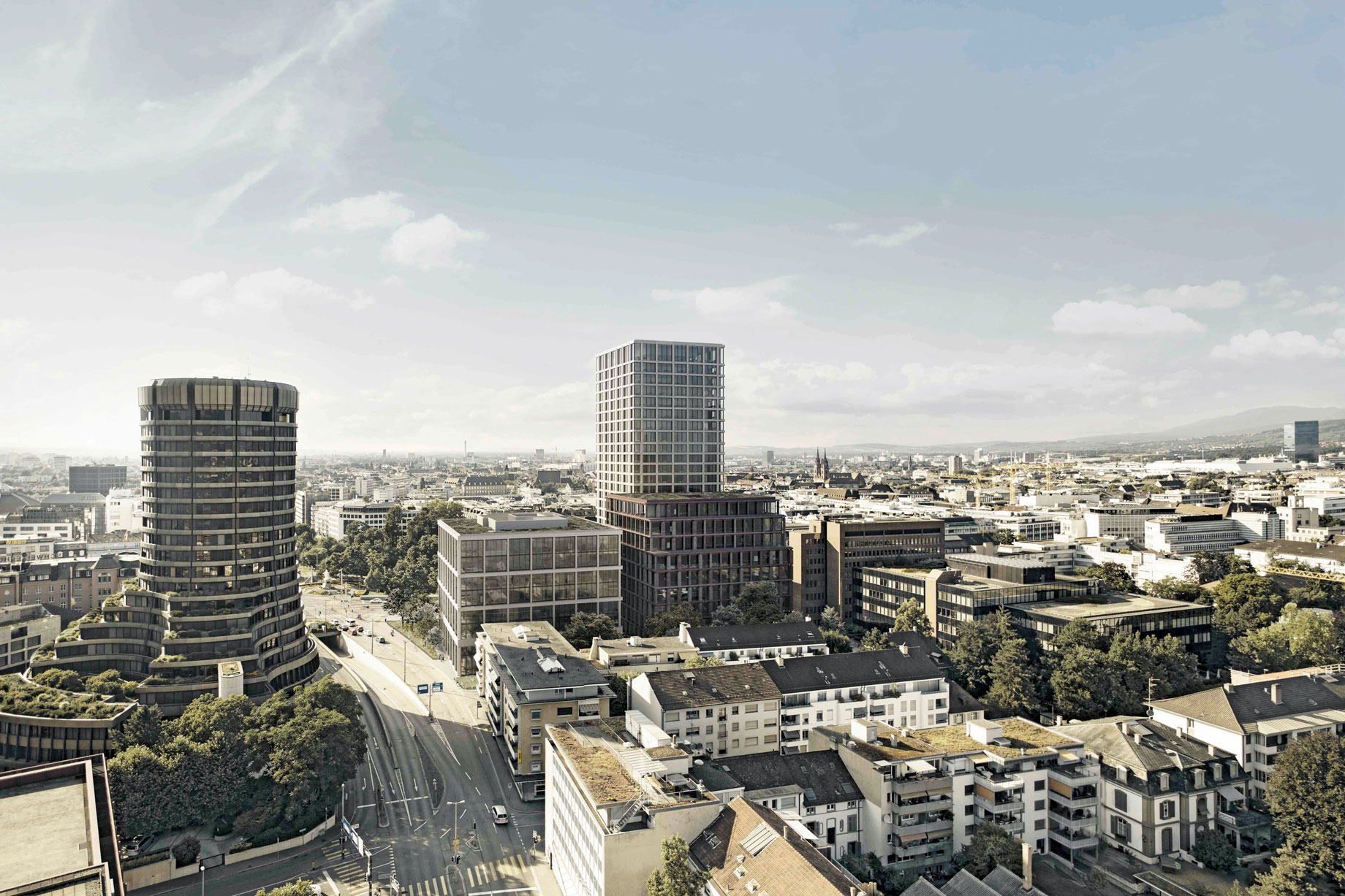 Visualisation: three state-of-the-art new buildings next to a green, park-like area; in the background, the rooftops of the city of Basel
